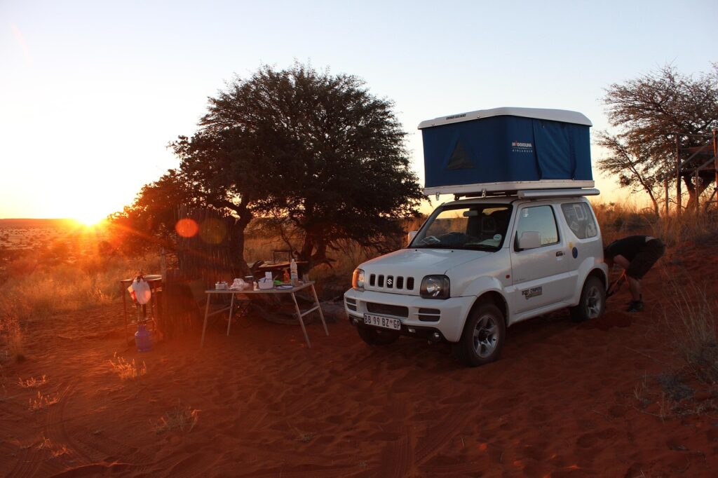 automobile, roof tent, namibia, desert, tree, sand dunes, nature, red sand, africa, sand dune